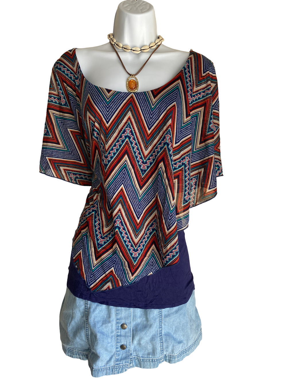 VTG Naif Plus 2X Boho Aztec Scoop Neck Shawl Poncho Blouse Cottagecore Cowgirl